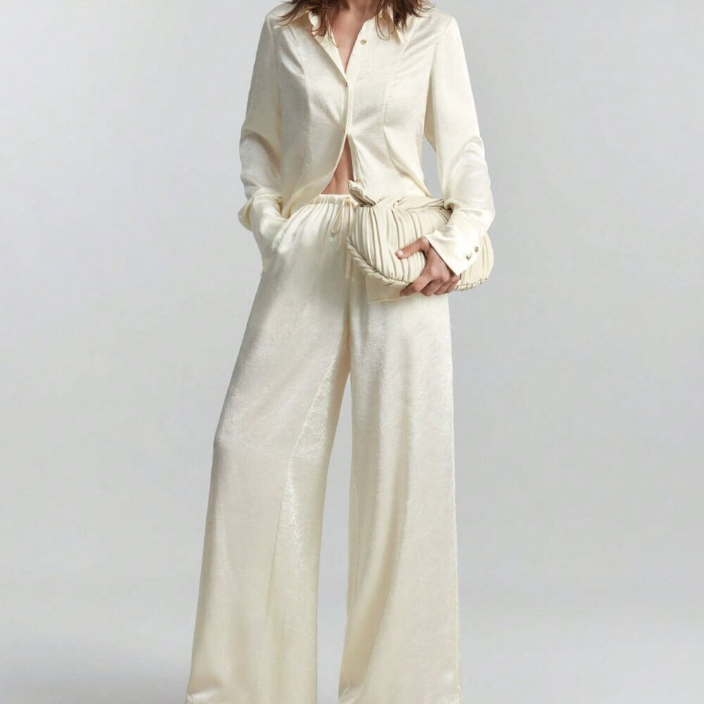 Beige Satin Minimalist Bohemian Women's Long Sleeve Shirt Side Slit - Picture 3 of 4